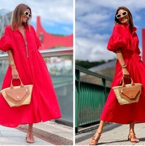 NEW Marielle Stokkelaar Almelo The Phoebe Maxi Dress Puff Sleeve With Belt Red